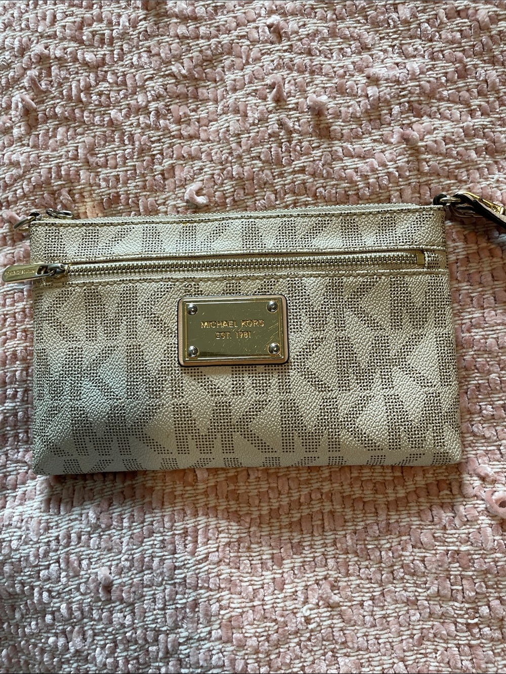 Michael Kors Beige Logo Wristlet with Gold Plaque
